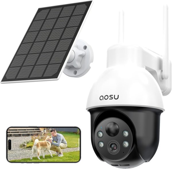 AOSU Solar Security Camera Wireless Outdoor System, 3K 5MP Battery Powered WiFi Camera for Home Security, Panoramic PTZ, Auto Tracking, Human Vehicle Detection, Night Vision, Spotlights, 2-Way Talk Online Hot Sale
